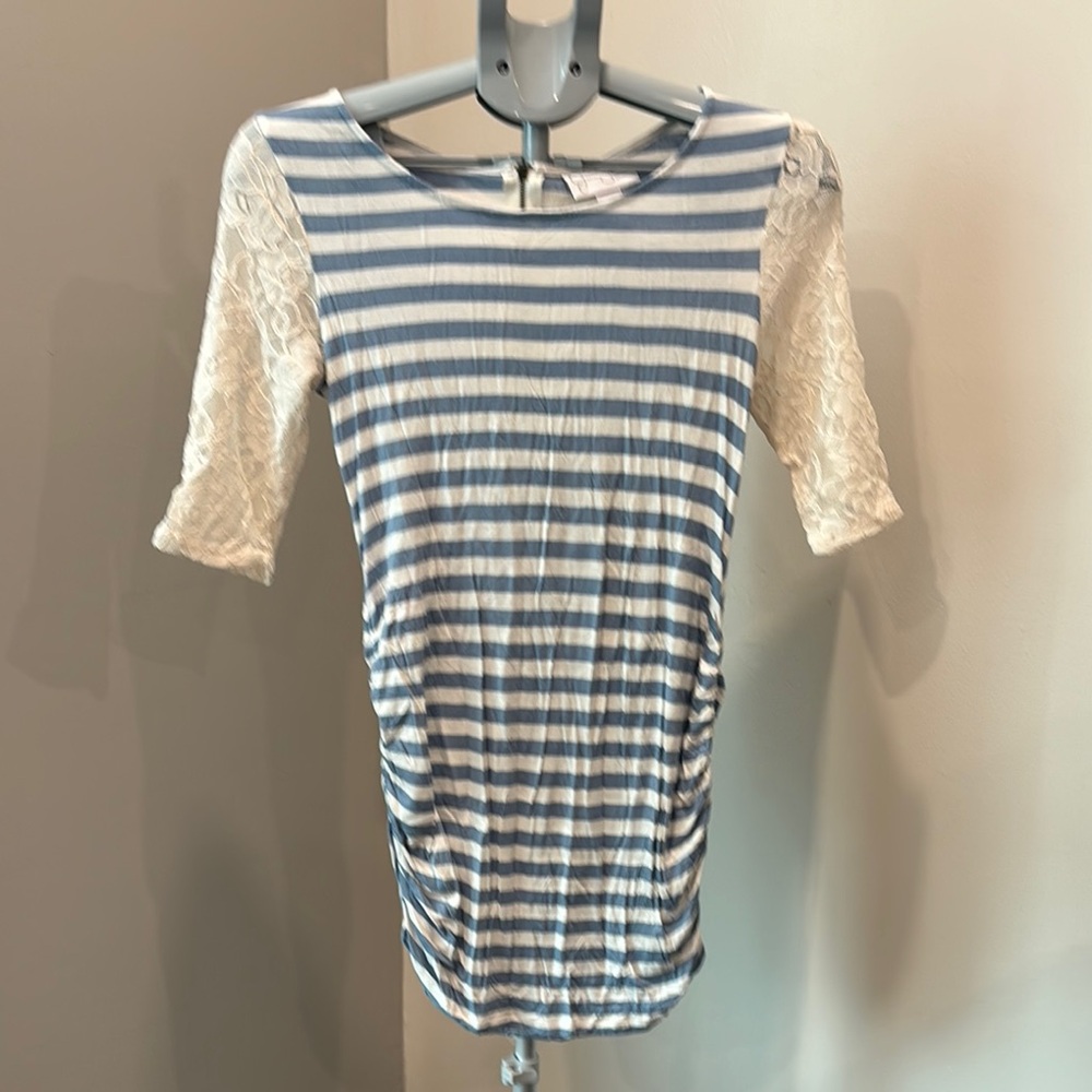 Jessica Simpson Maternity Striped Blue and White Lace Sleeve Top, size S.